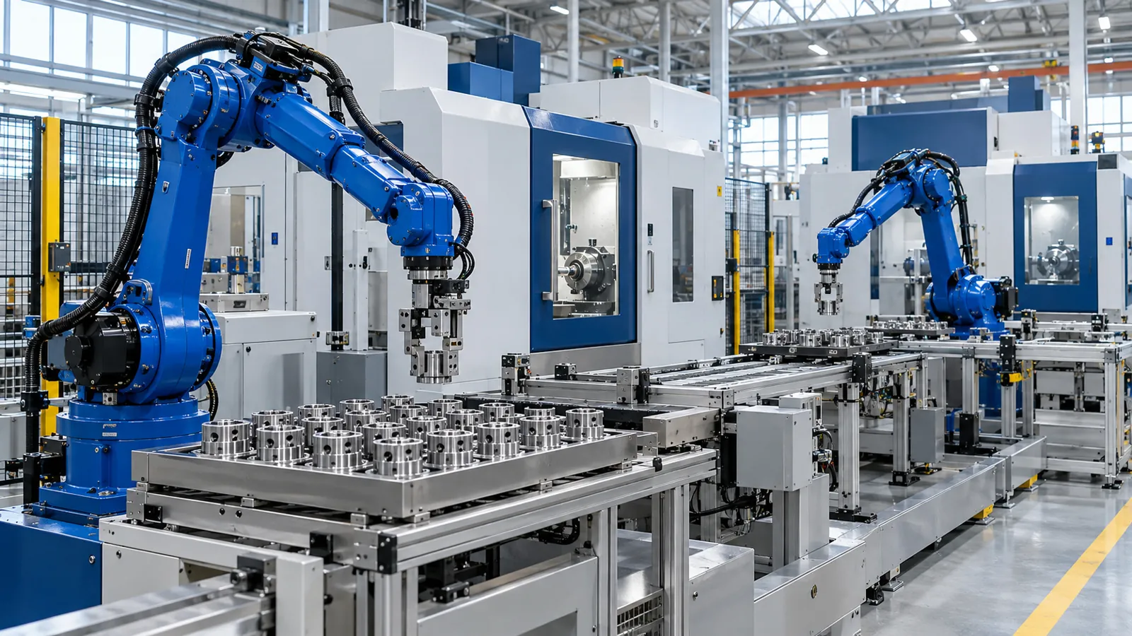 Robôs em uma linha de automação industrial. Imagem ilustrativa.