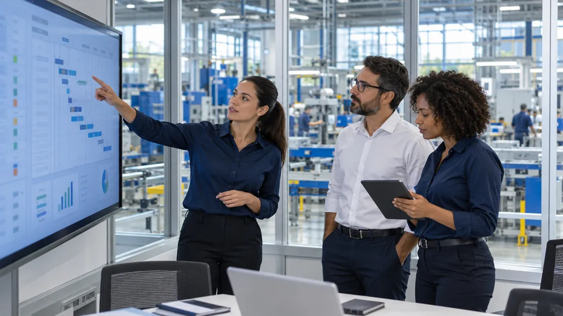 Equipe analisando indicadores de gestão industrial